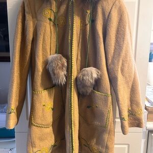 Vintage Tan Embroidered Coat with Fur Accents